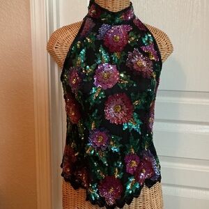 Vintage Laurence Kazar Silk Fitted Floral Sequin Sleeveless Blouse —-💖💖💖NWOT